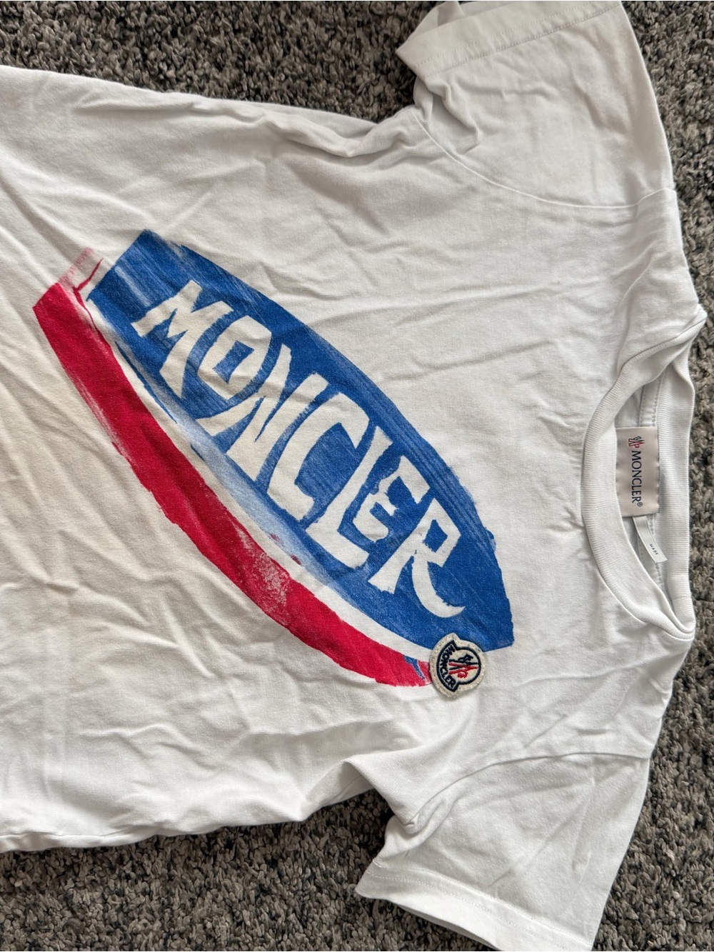 Moncler White Tee with Blue and Red Logo Graphic